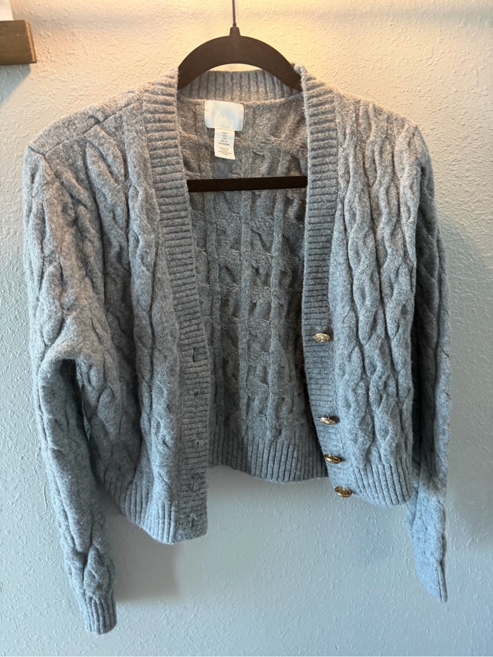 H&M Light Gray Cable Knit Cardigan with Gold Buttons